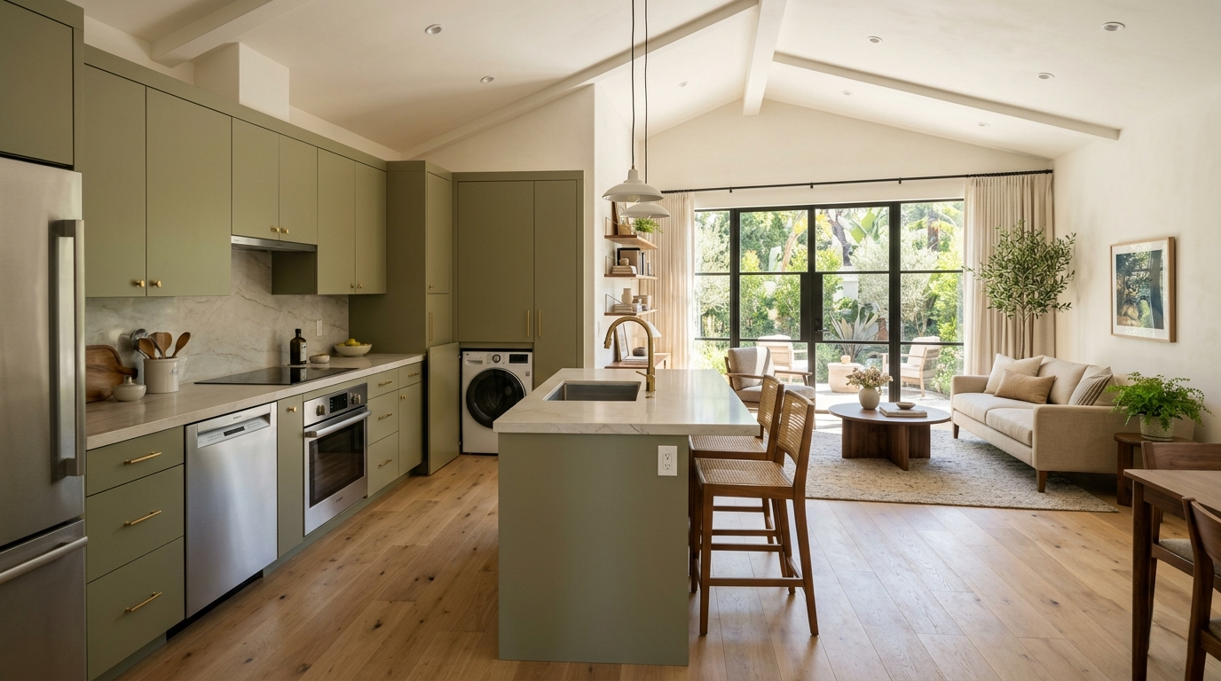 ADU interior Pacific Palisades open plan kitchen living studio modern finishes
