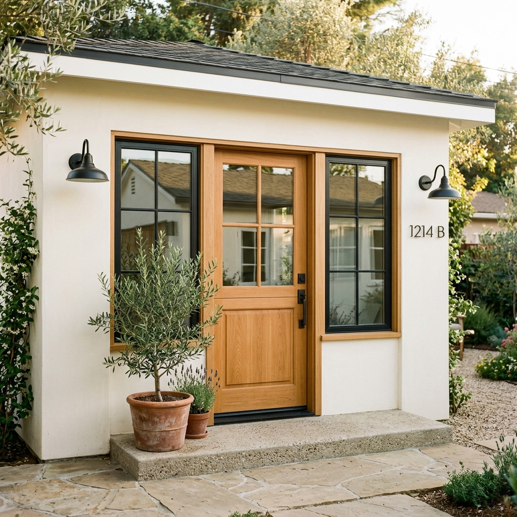 Garage conversion ADU Pacific Palisades completed exterior private entrance