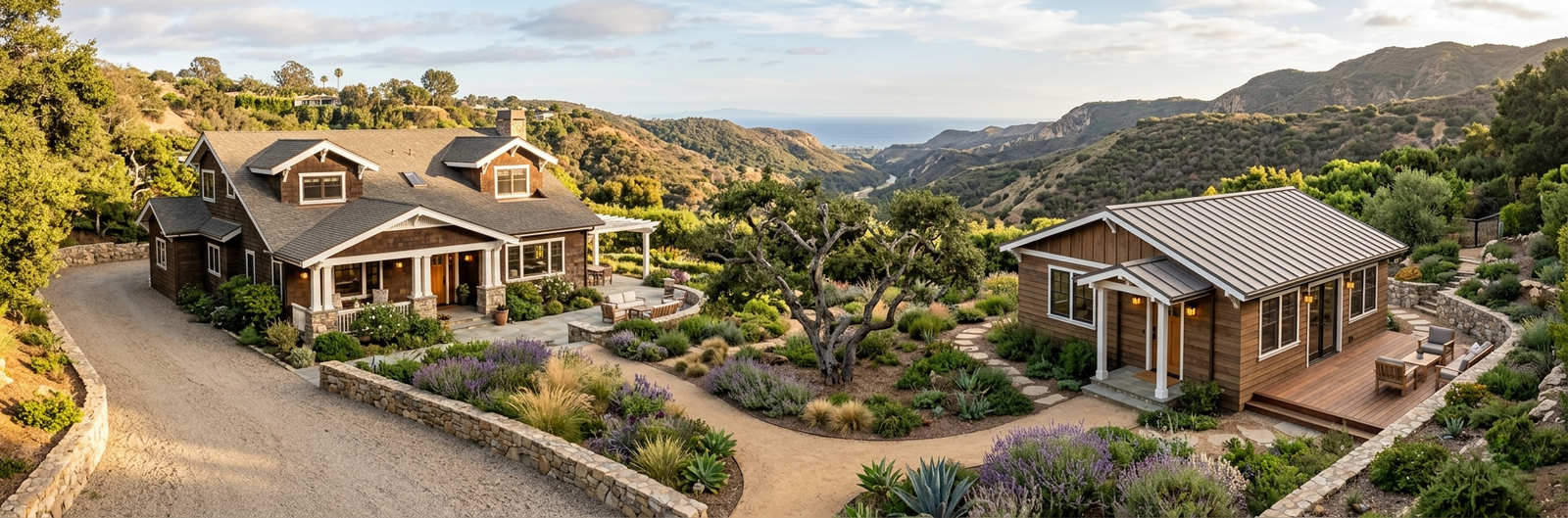 ADU and main house Pacific Palisades lot aerial view detached backyard unit landscaping