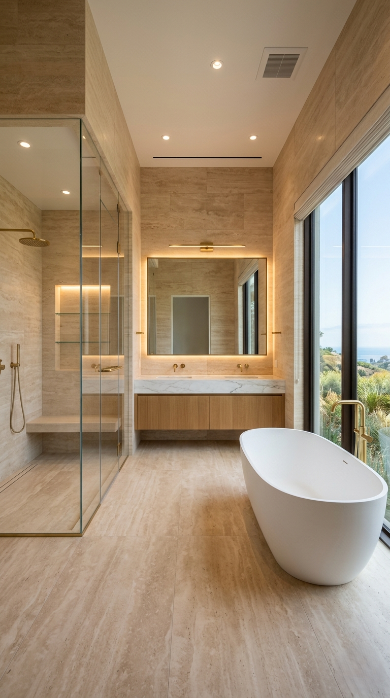 Primary bathroom spa suite remodel Riviera Pacific Palisades stone tile freestanding tub