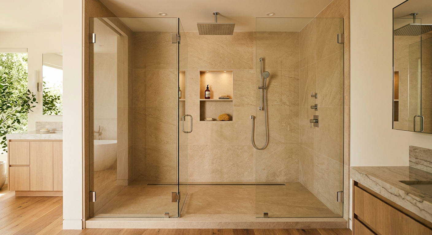 Custom walk-in shower remodel Pacific Palisades Highlands linear drain frameless glass