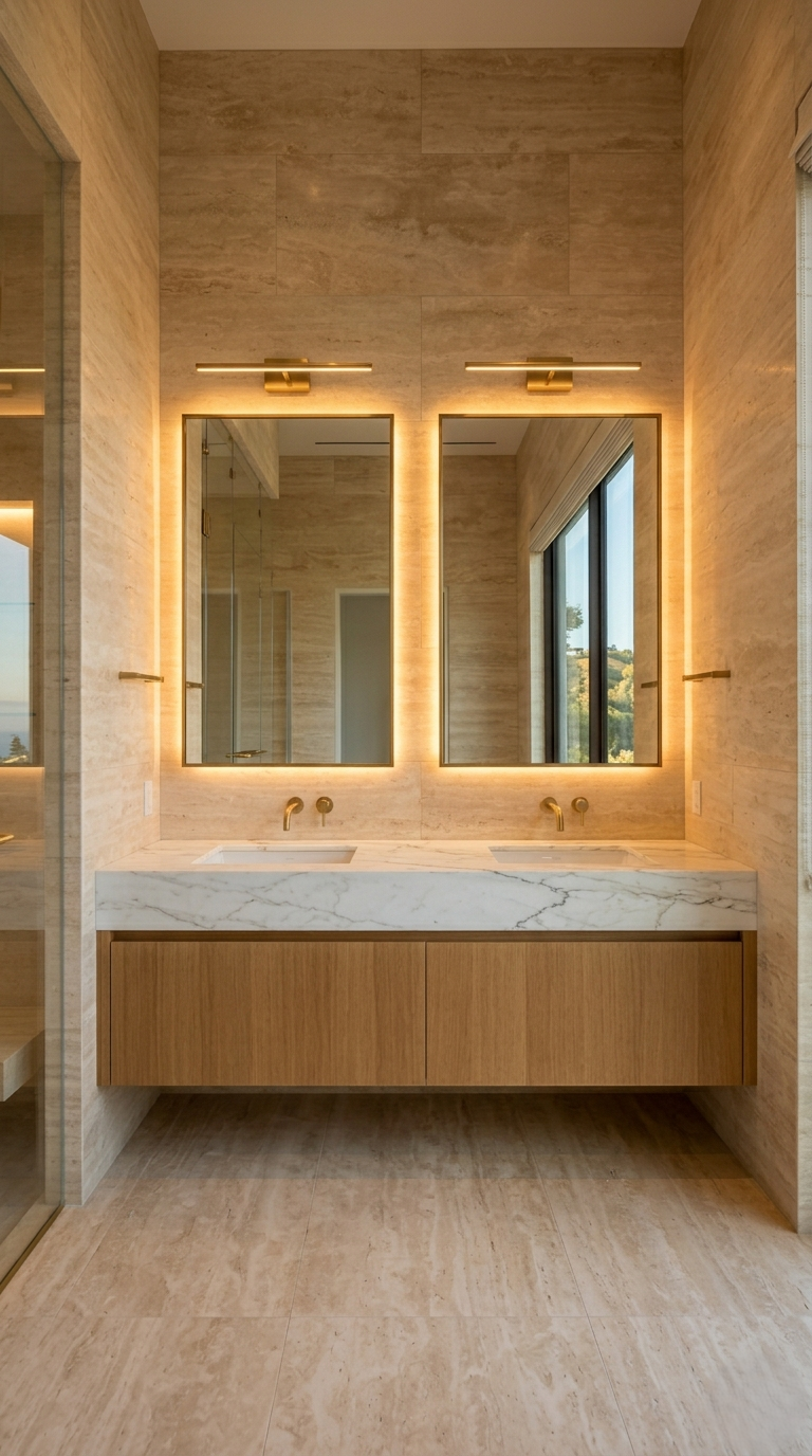 Double floating vanity bathroom remodel Pacific Palisades Rustic Canyon stone countertop