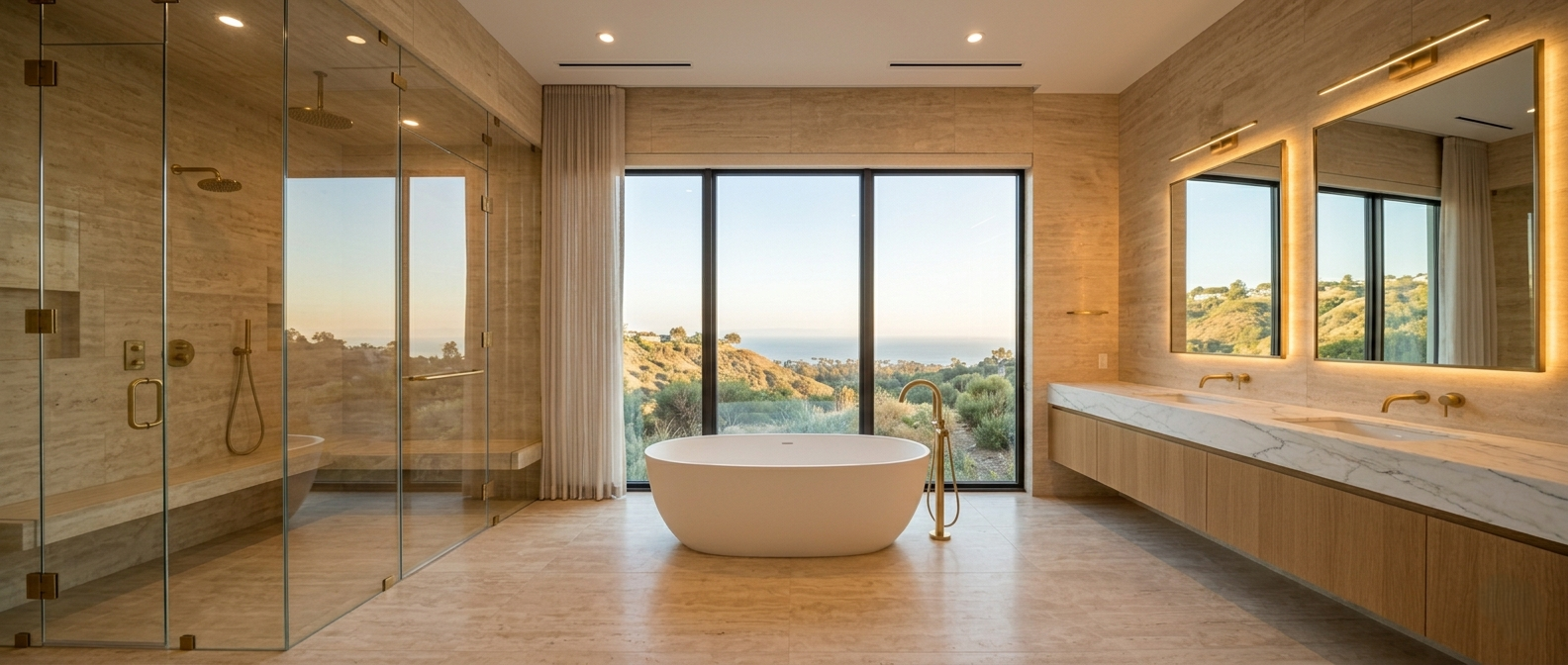 Spa bathroom addition Pacific Palisades Marquez Knolls heated floors steam shower soaking tub