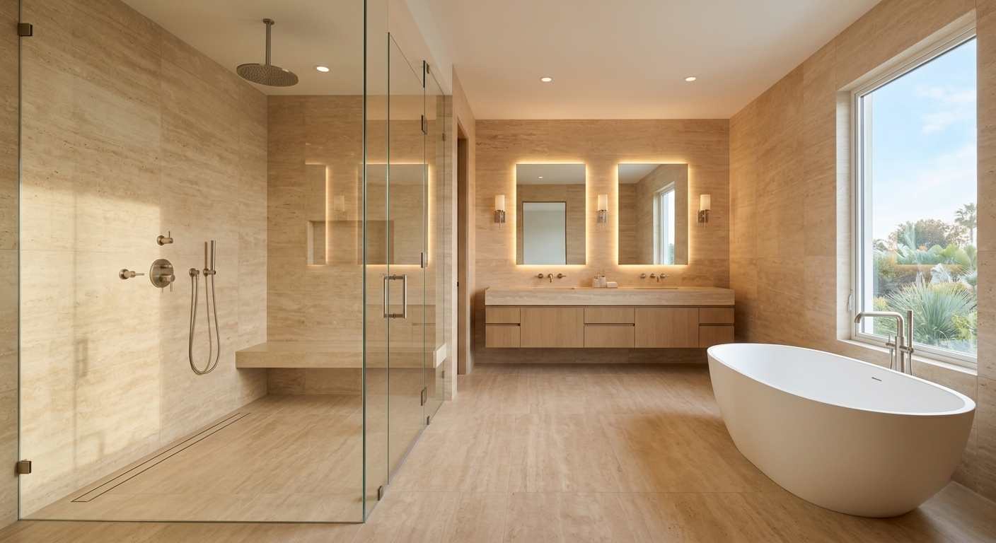 Primary bathroom spa suite remodel Pacific Palisades walk-in shower freestanding tub