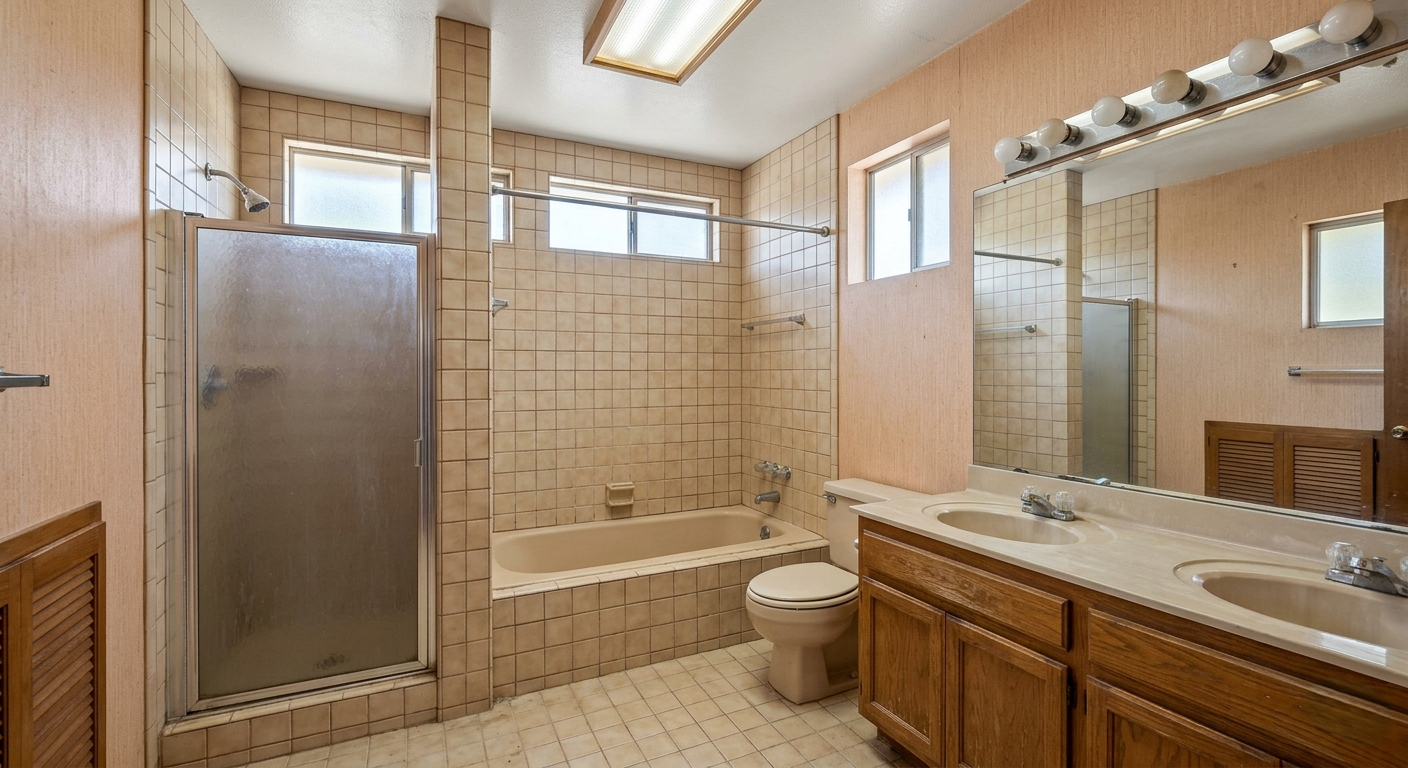 Outdated primary bathroom before luxury remodel in Pacific Palisades