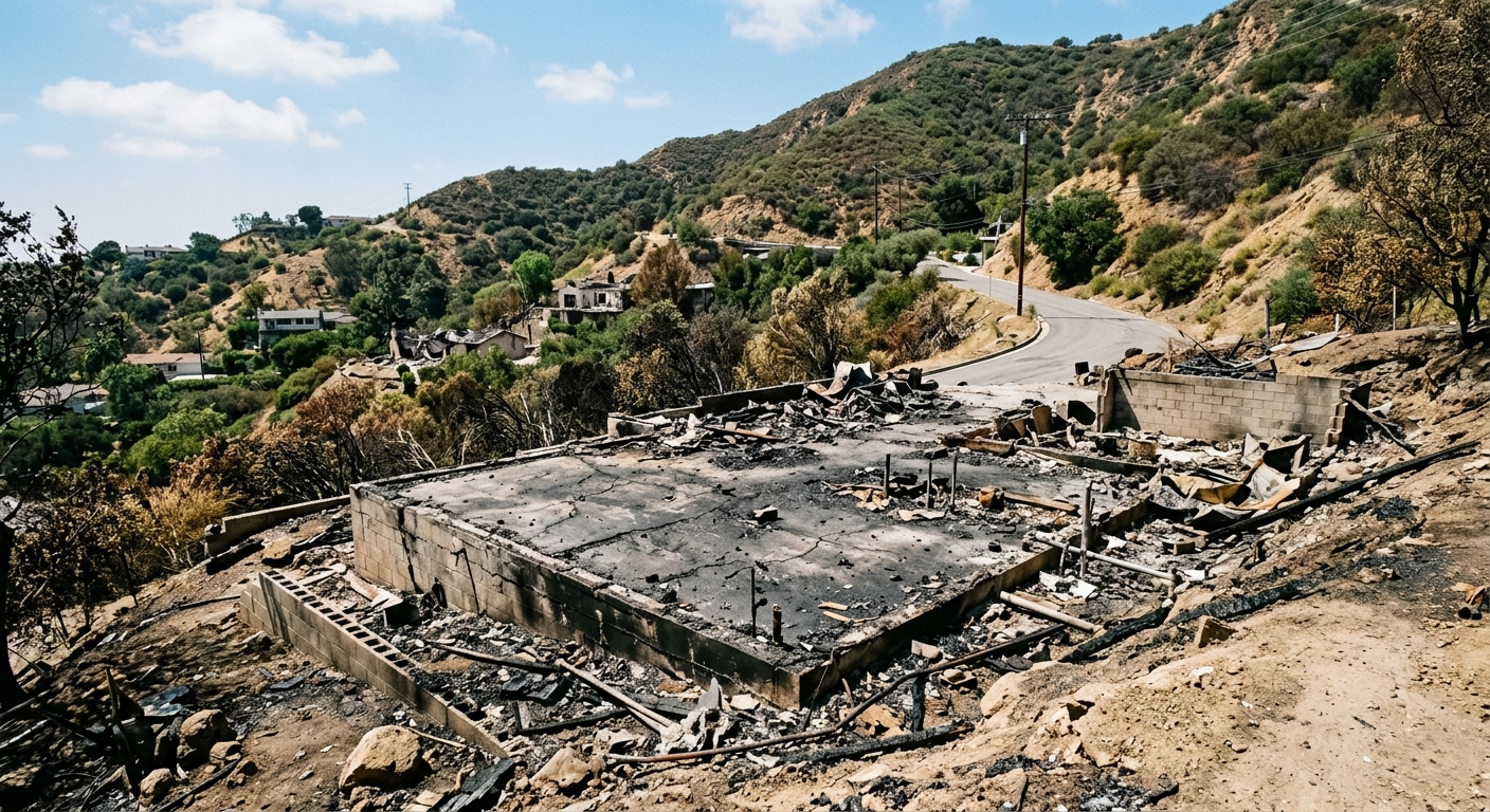 Fire damaged home lot before rebuild in Pacific Palisades