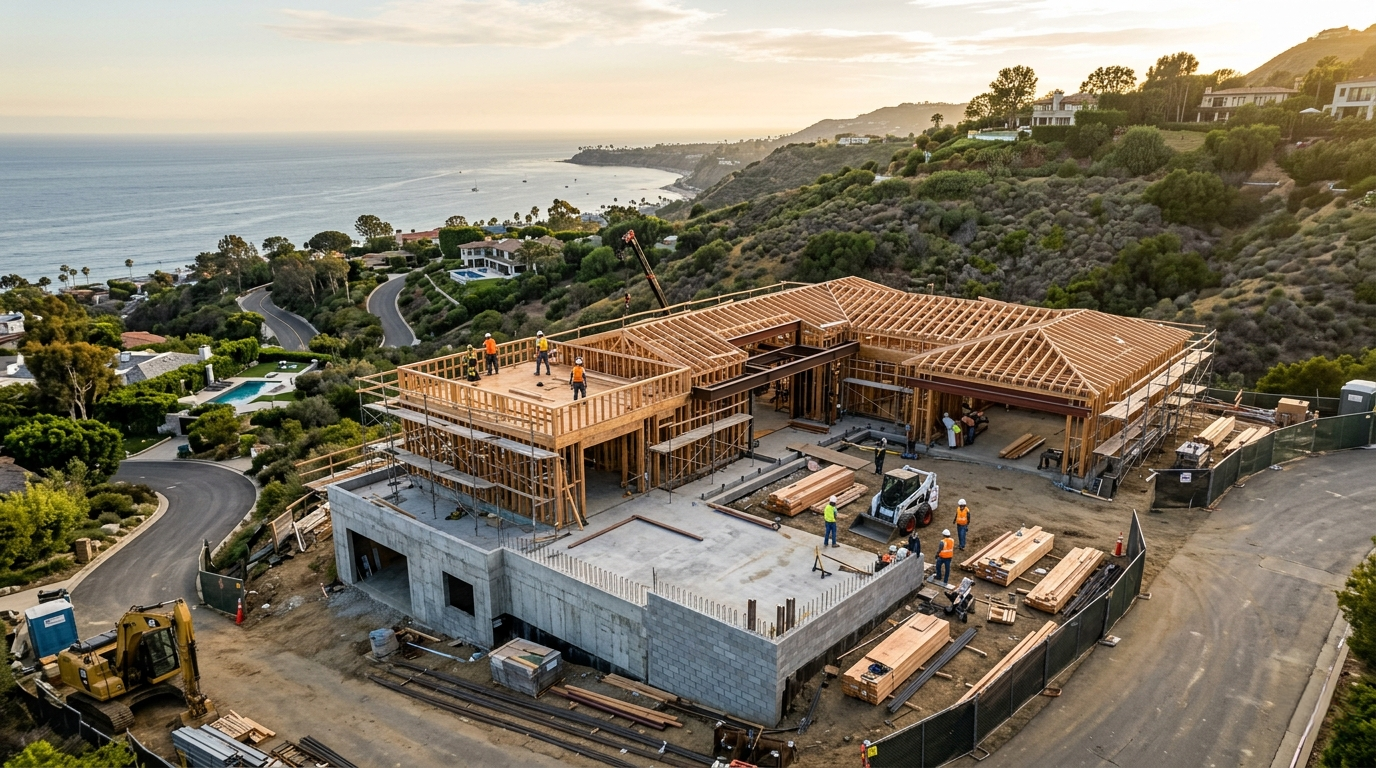 Pacific Palisades fire rebuild construction site 2026
