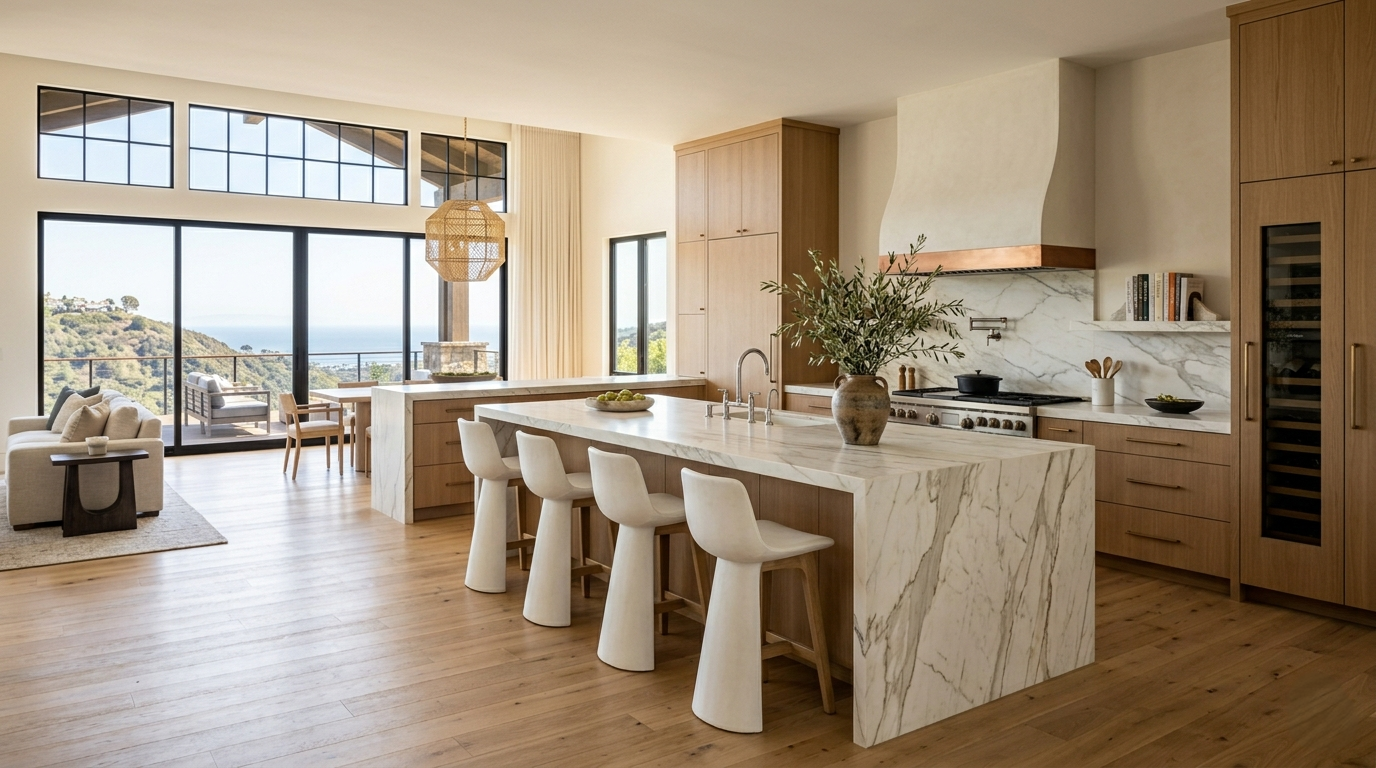 Newly rebuilt kitchen Riviera Pacific Palisades open plan custom cabinetry