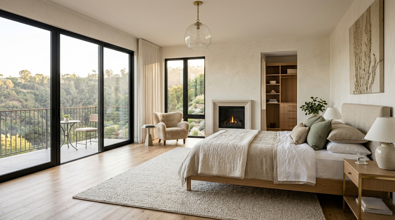 Primary suite Riviera fire rebuild Pacific Palisades 2026