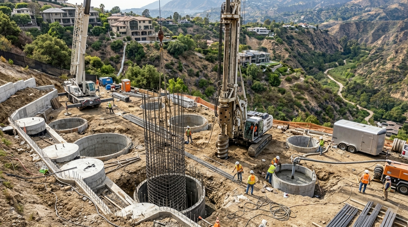 Caisson foundation under construction Highlands Pacific Palisades fire rebuild