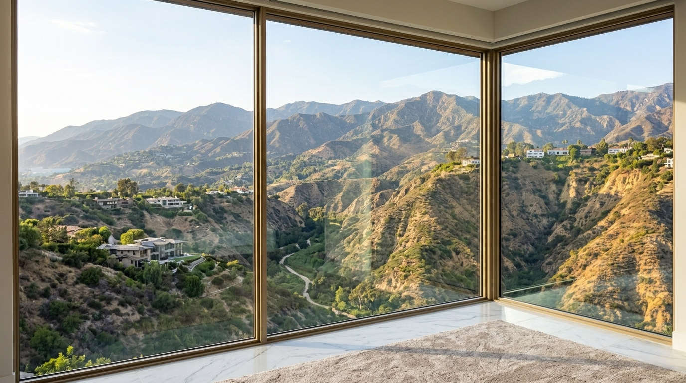 Canyon view from primary suite Highlands fire rebuild Pacific Palisades