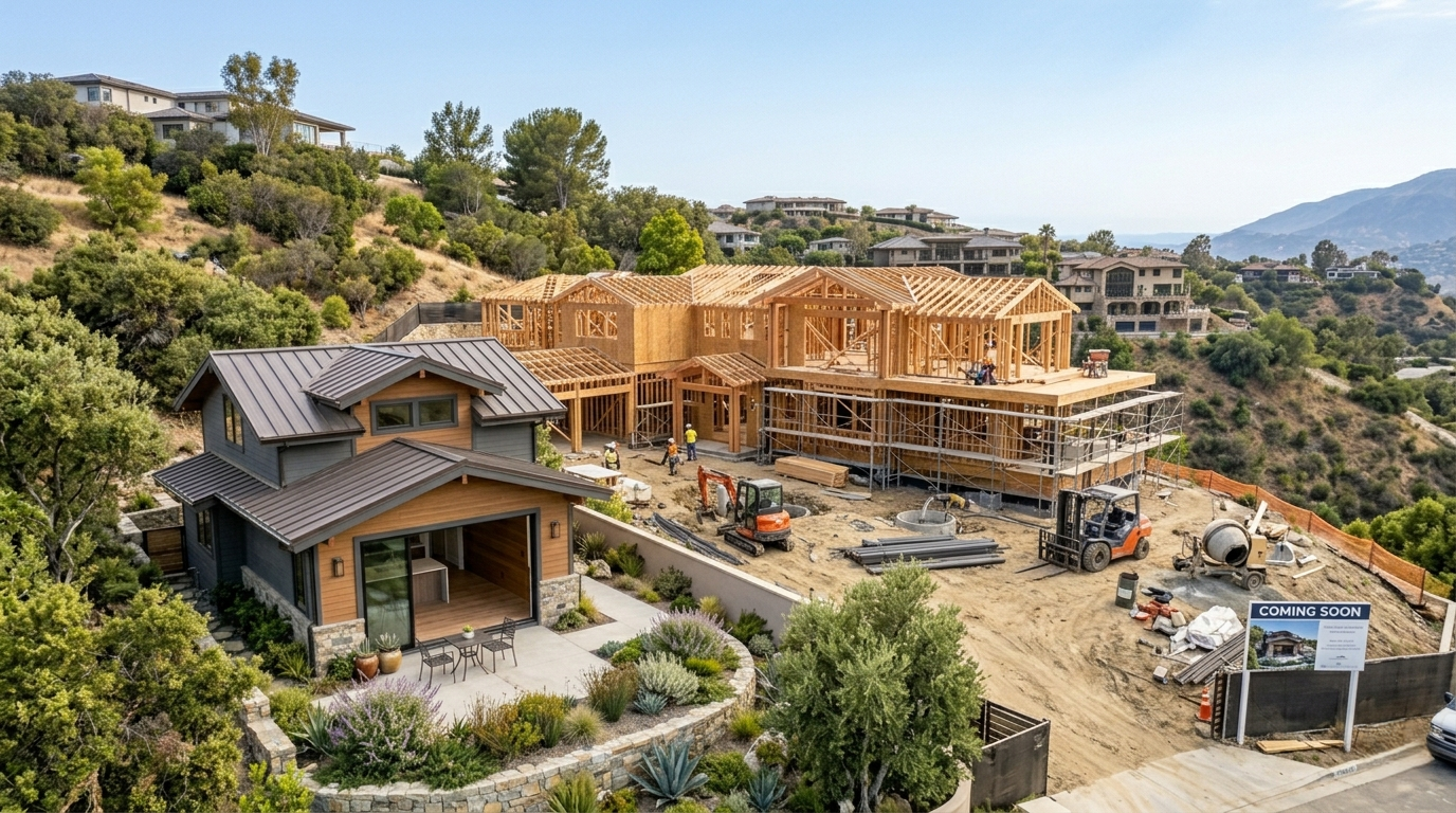 Primary home rebuild under construction with completed ADU Marquez Knolls