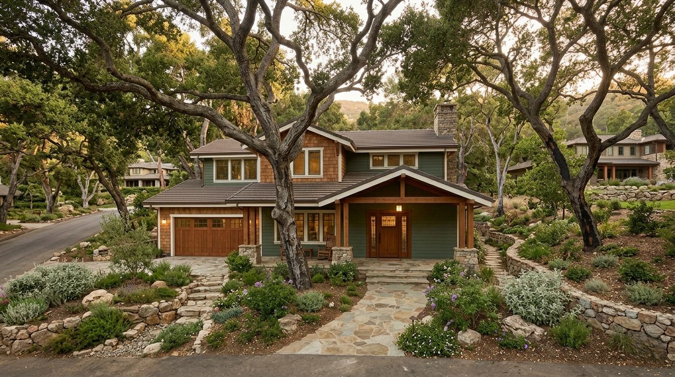 Completed fire rebuild Rustic Canyon Pacific Palisades primary home exterior craftsman style