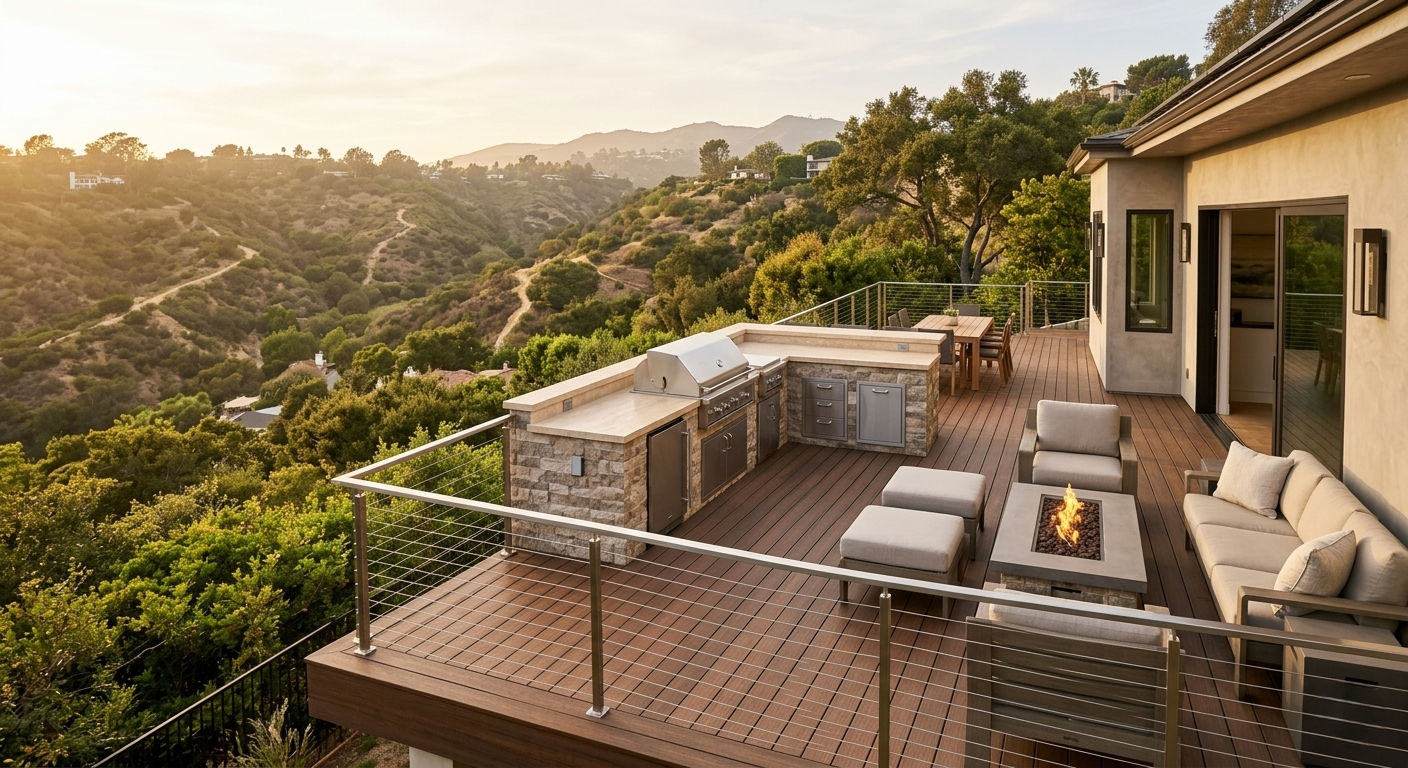 Outdoor living deck noncombustible Pacific Palisades remodel