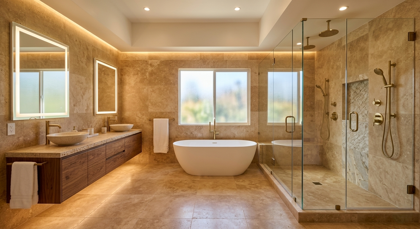 Primary bathroom spa remodel heated floors Pacific Palisades Highlands
