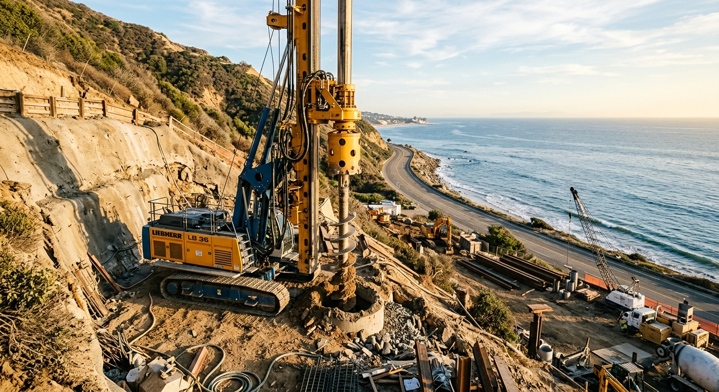 Caisson foundation drilling Pacific Palisades hillside construction