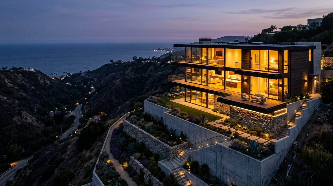 Hillside home Pacific Palisades completed luxury ocean canyon view evening