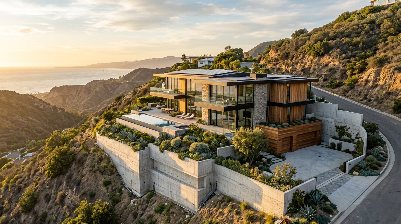 Hillside construction Pacific Palisades steep lot caisson foundation retaining wall