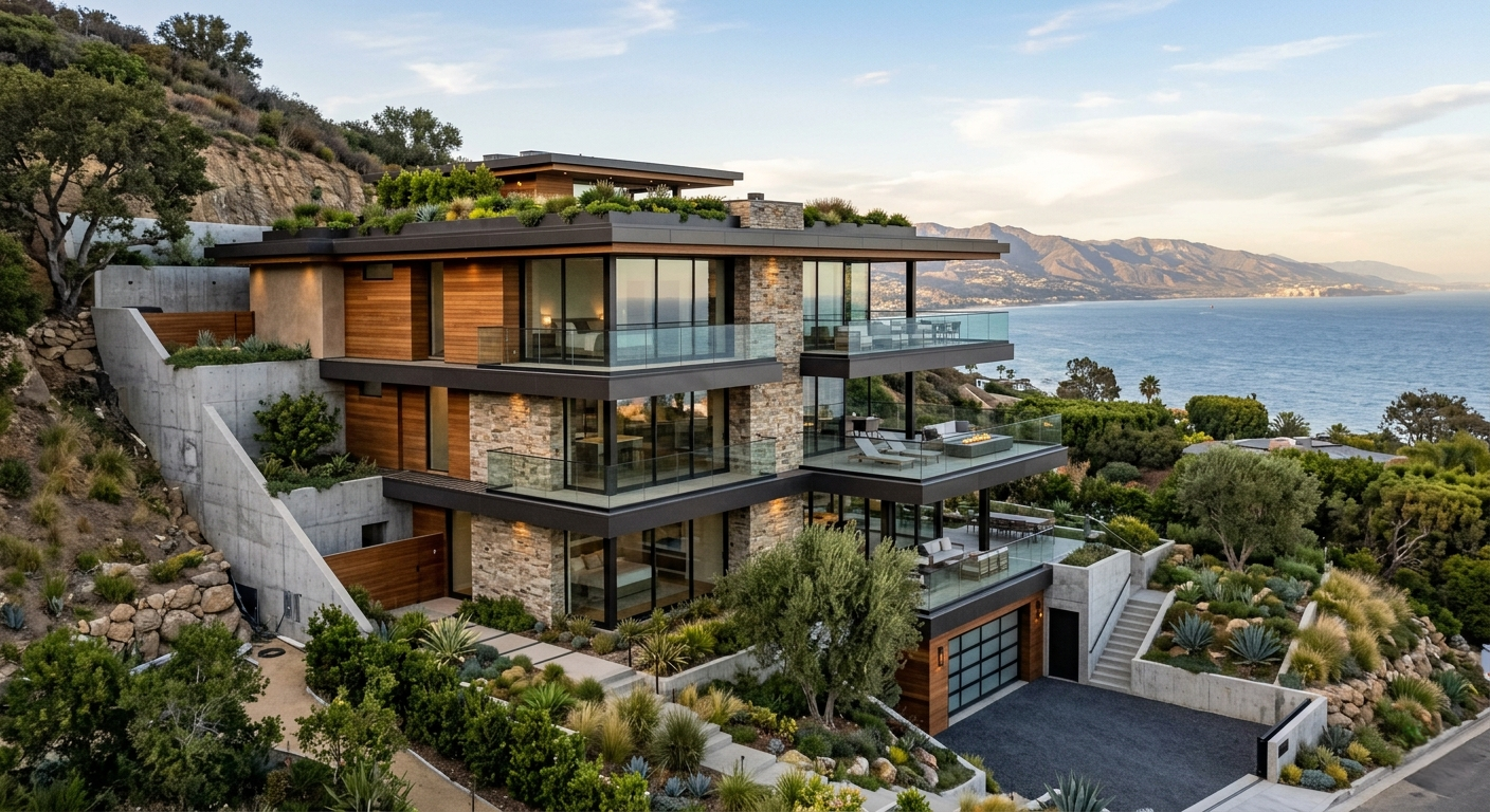 New hillside home construction Pacific Palisades steep lot ocean view modern architecture