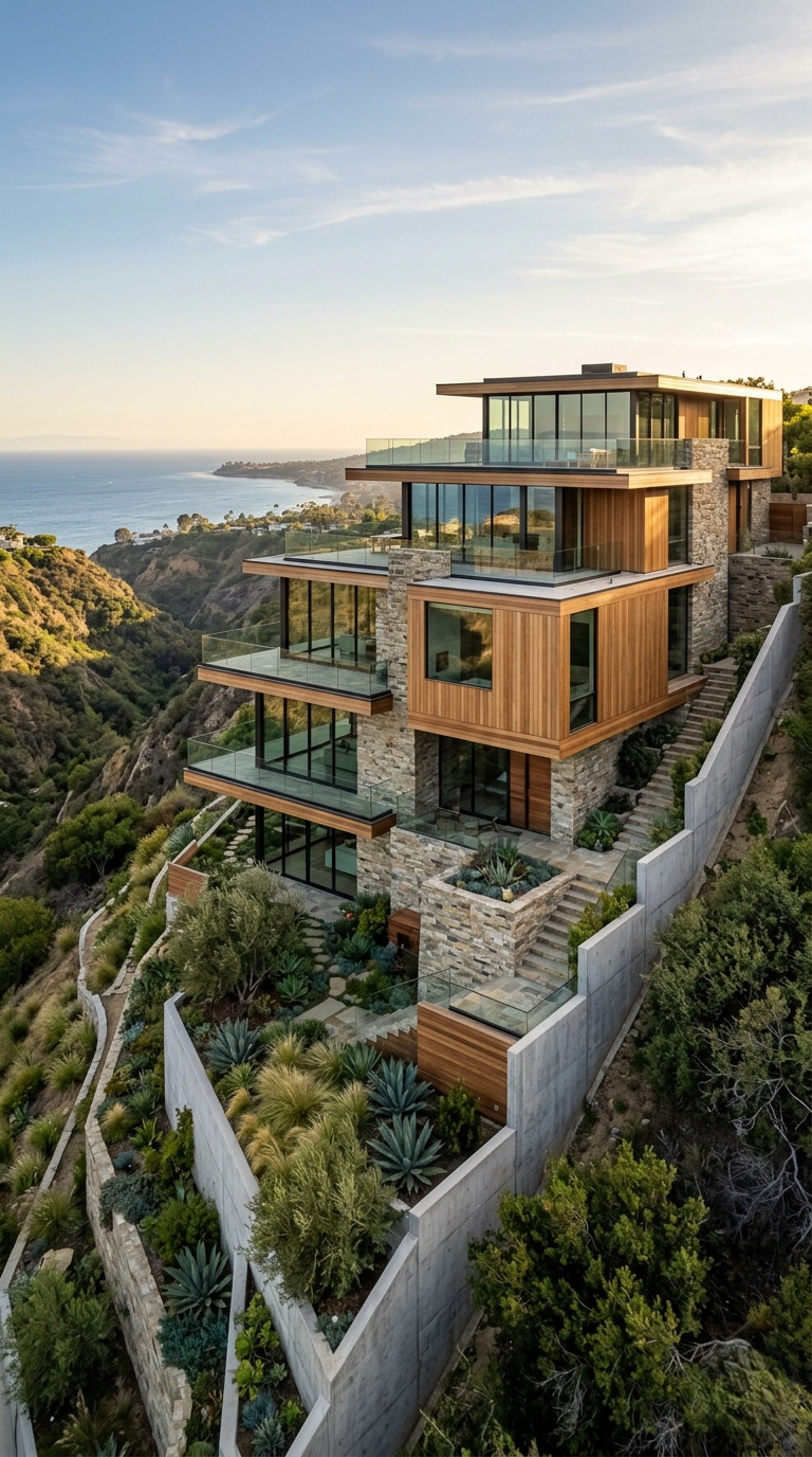Hillside home construction Pacific Palisades Highlands steep lot ocean view modern