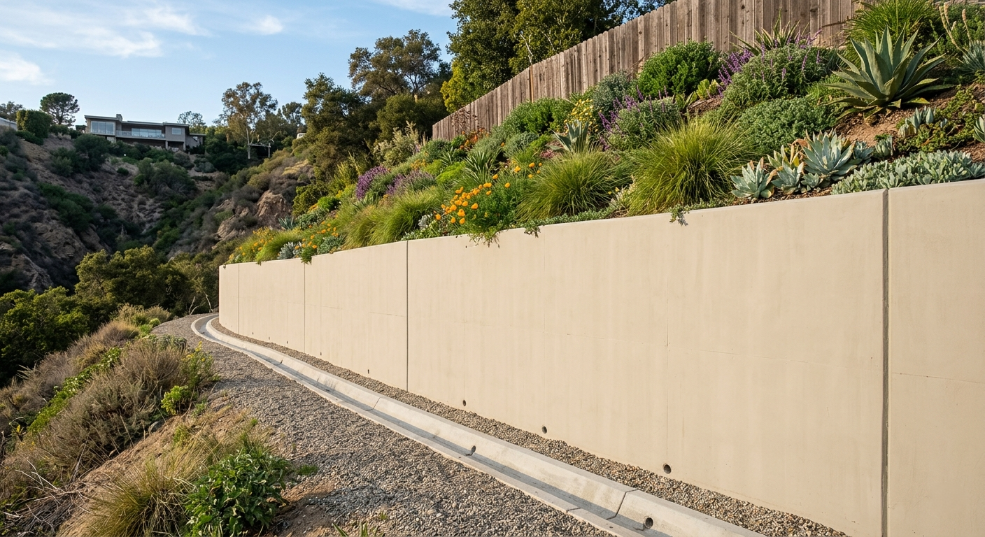 Engineered retaining wall Pacific Palisades hillside construction concrete soldier pile