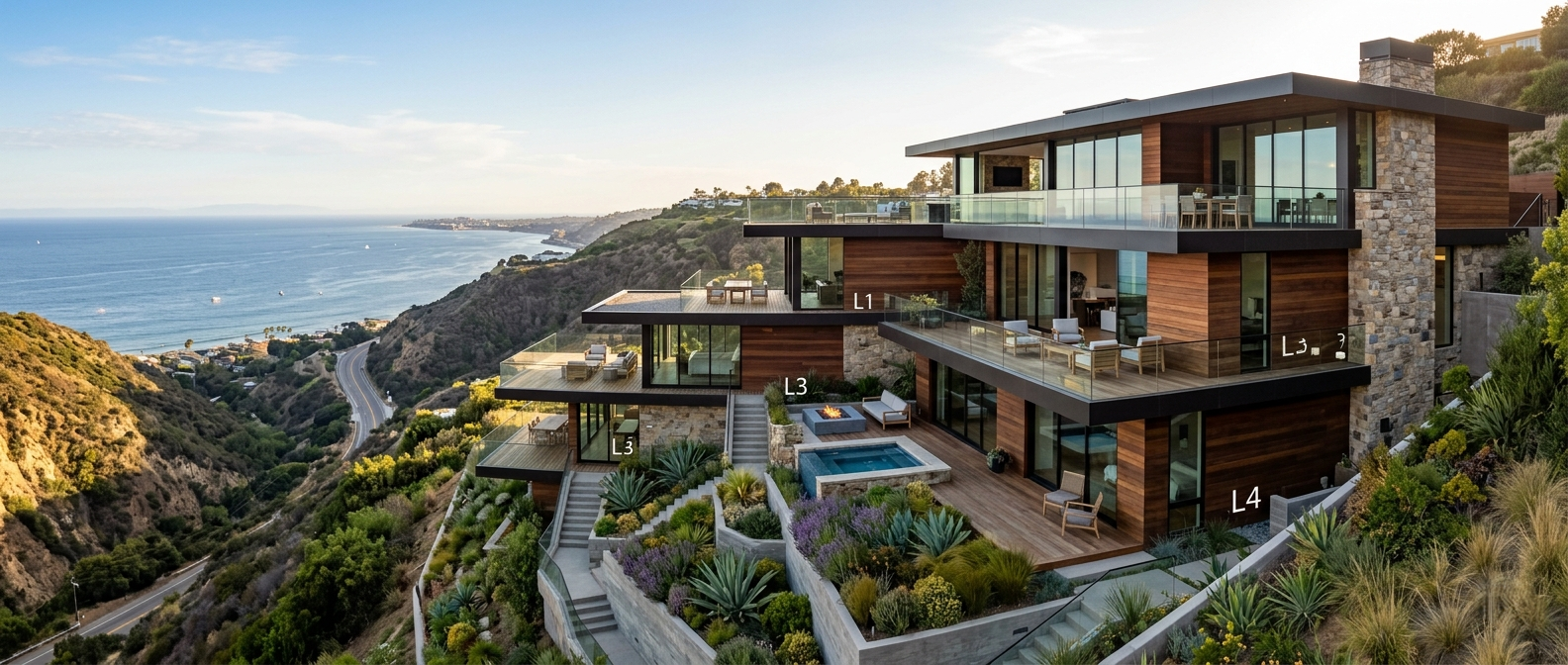 Hillside home Pacific Palisades completed ocean canyon view luxury architecture wide