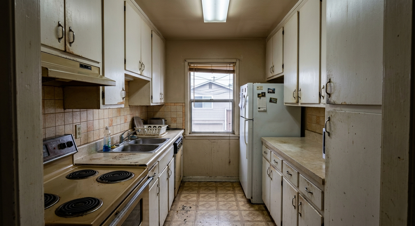Outdated cramped kitchen before remodel in Pacific Palisades home
