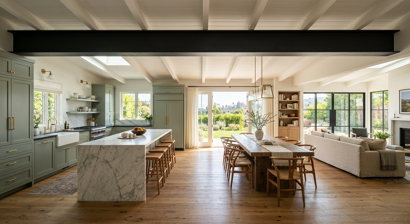 After open plan kitchen Pacific Palisades steel beam load bearing wall removed custom cabinetry
