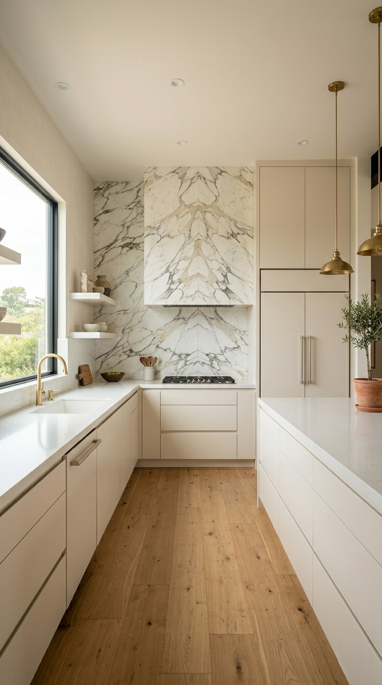 Modern minimal kitchen Pacific Palisades flat slab cabinetry slab backsplash integrated appliances