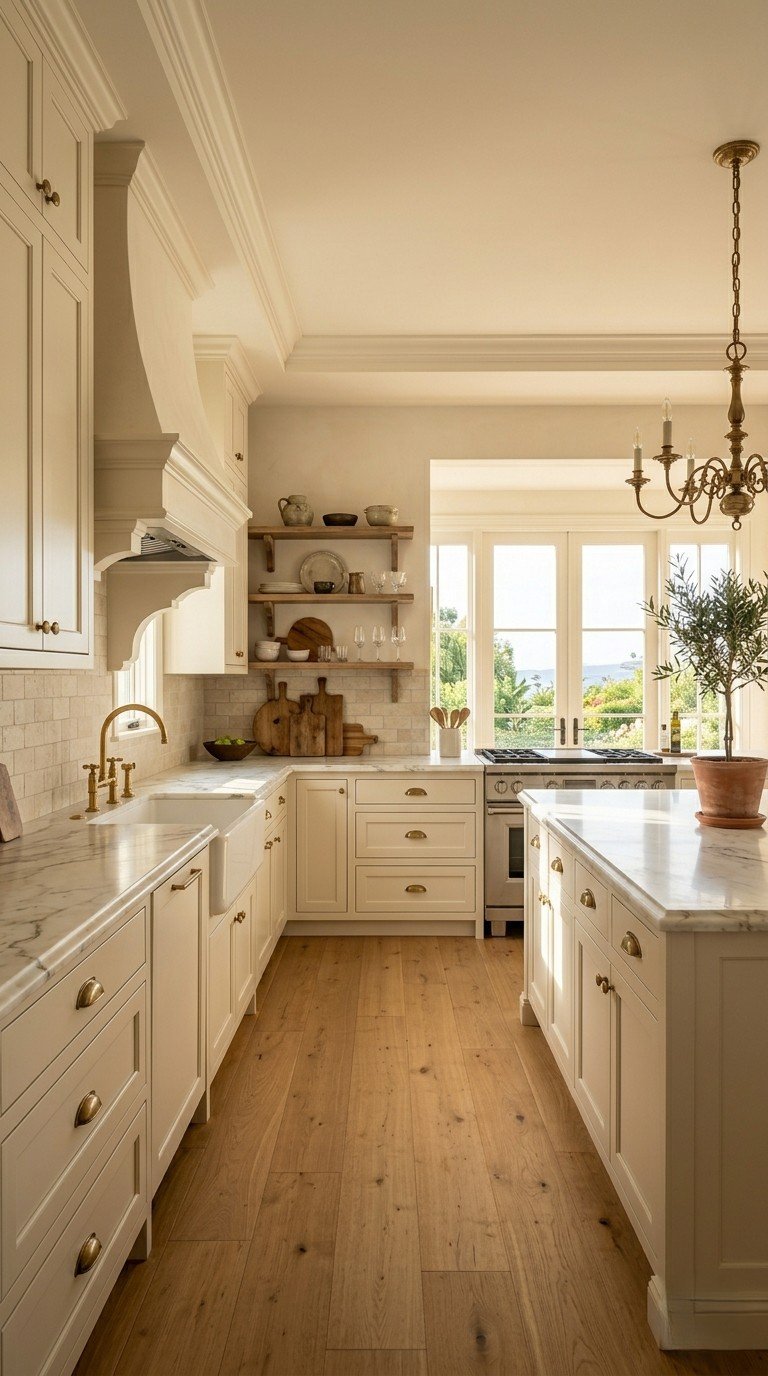 Warm traditional kitchen Pacific Palisades shaker cabinetry range hood stone counters