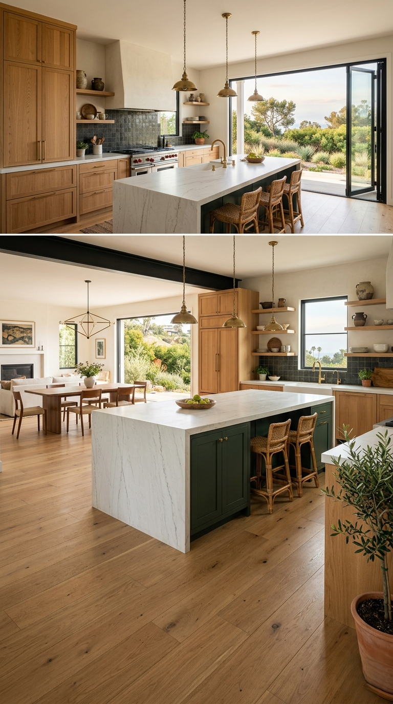 California transitional kitchen Pacific Palisades white oak cabinetry stone island open plan