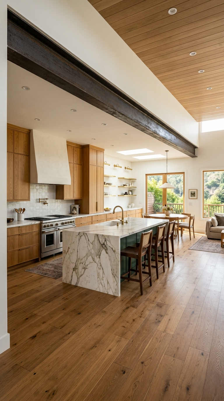 Open plan kitchen remodel Pacific Palisades Alphabet Streets white oak cabinetry stone island steel beam