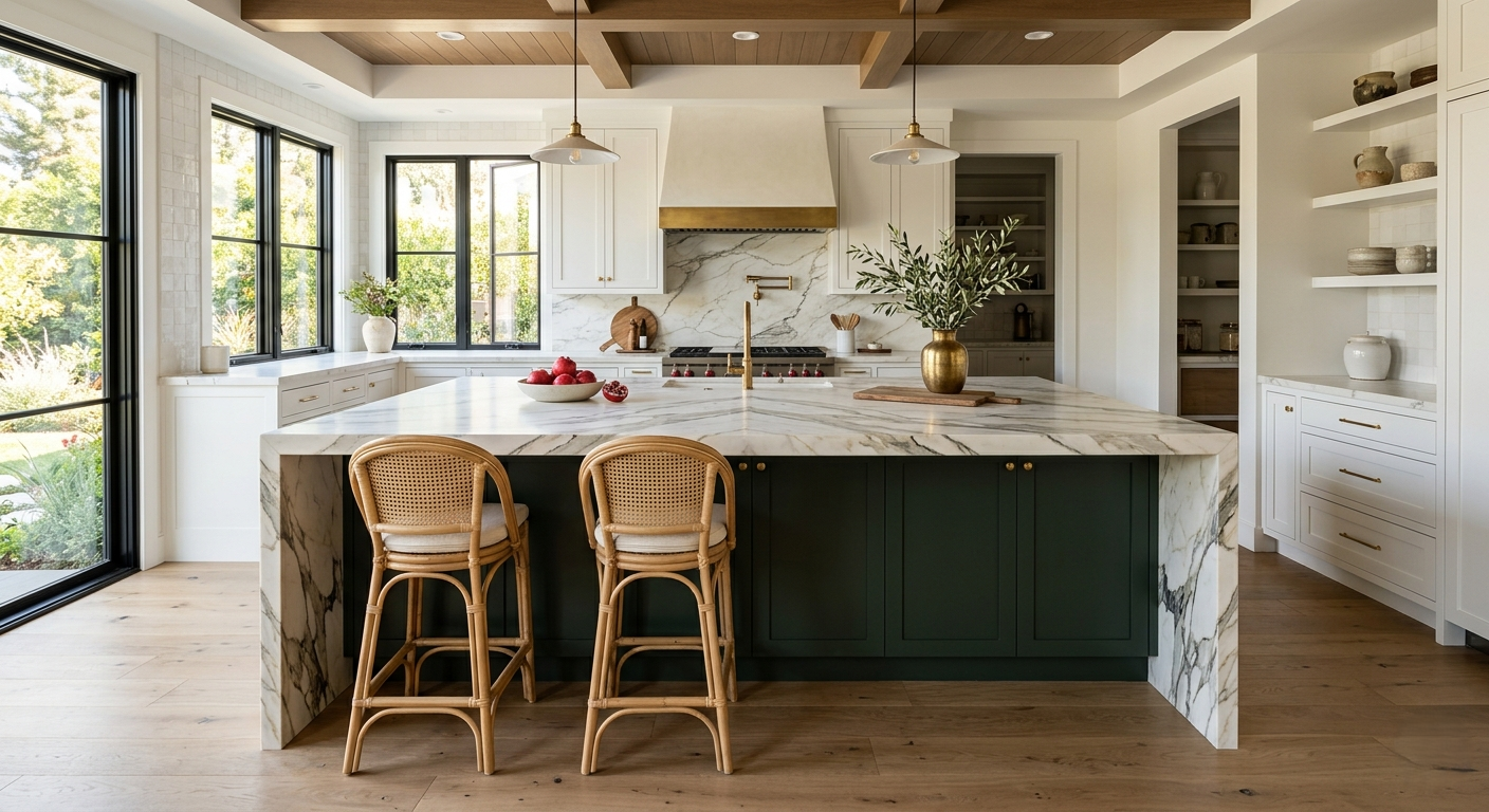 Stone waterfall island kitchen remodel Pacific Palisades Riviera custom cabinetry