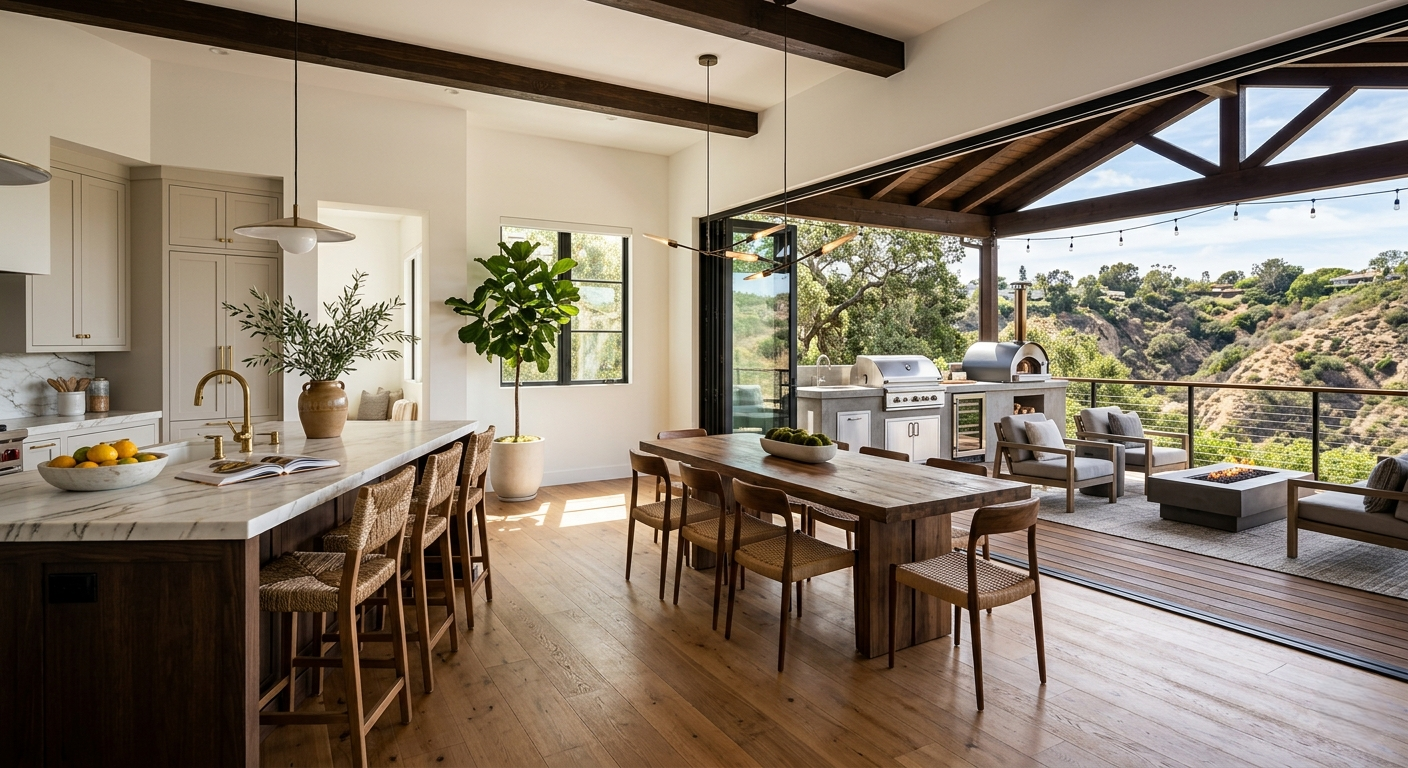 Kitchen remodel indoor outdoor connection Pacific Palisades sliding glass doors deck