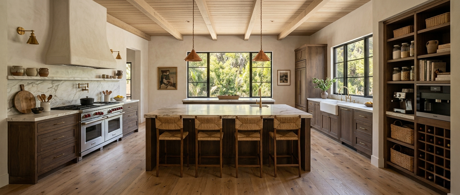 Complete kitchen remodel Pacific Palisades Rustic Canyon wide angle full view professional appliances