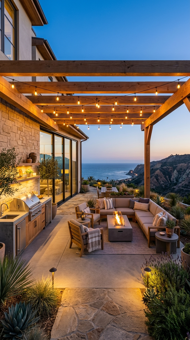 Complete outdoor living space Pacific Palisades deck kitchen pergola fire feature canyon view