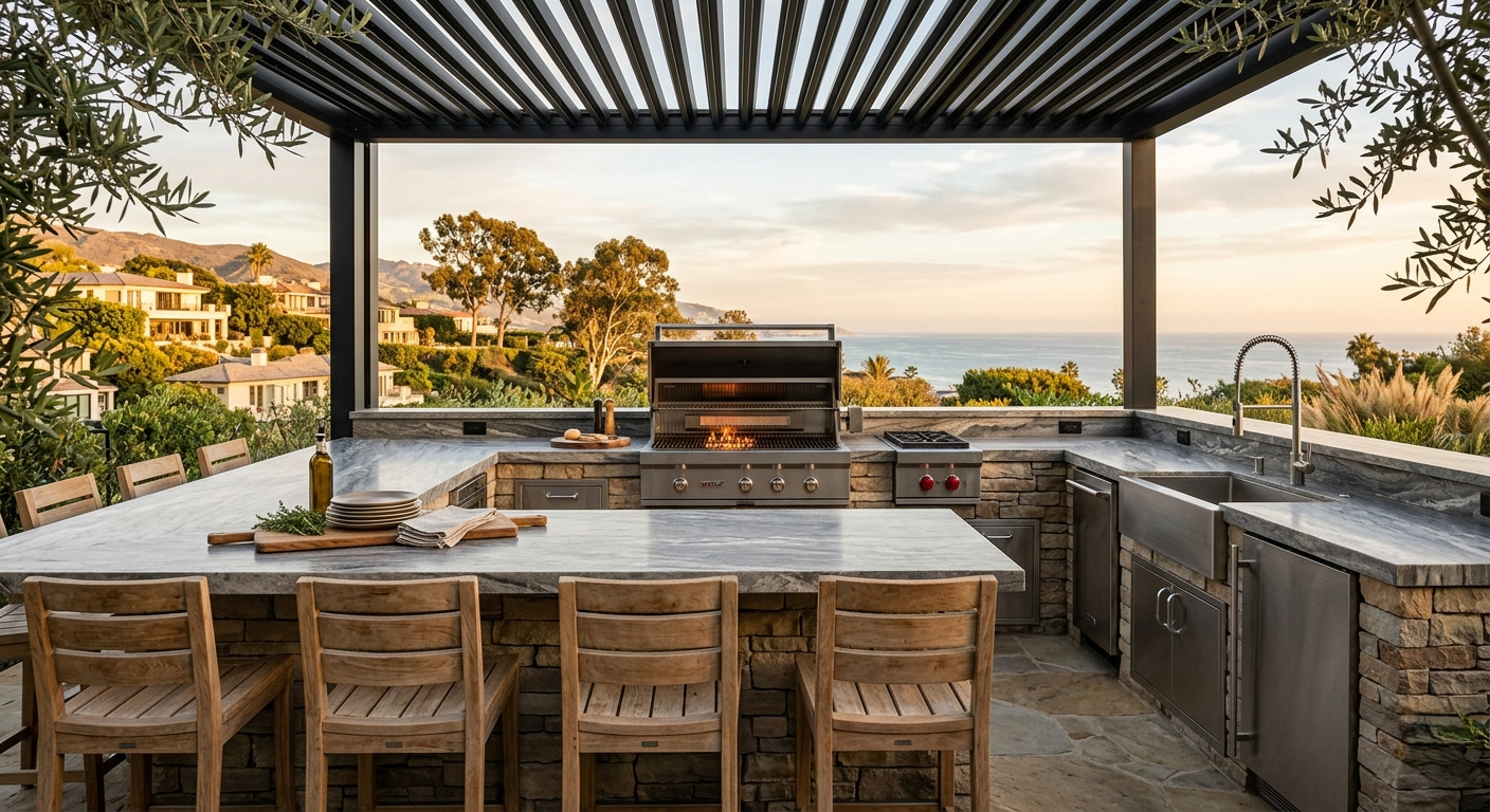 Outdoor kitchen Pacific Palisades built-in grill stone counter bar seating Riviera