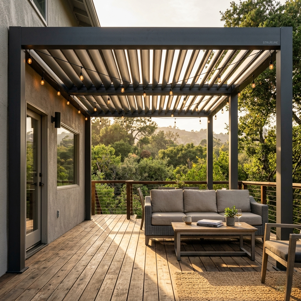Louvered pergola Pacific Palisades deck outdoor seating shade structure Highlands