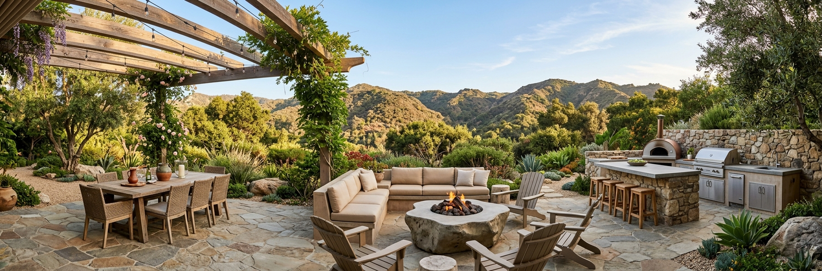 Outdoor living backyard transformation Pacific Palisades Rustic Canyon panoramic deck patio landscaping