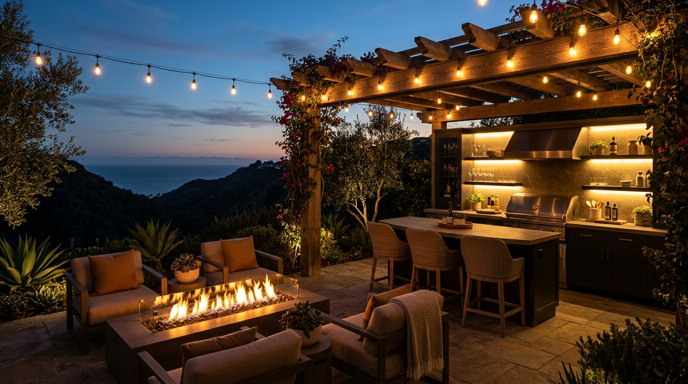 Outdoor living Pacific Palisades completed backyard evening warm lighting pergola kitchen