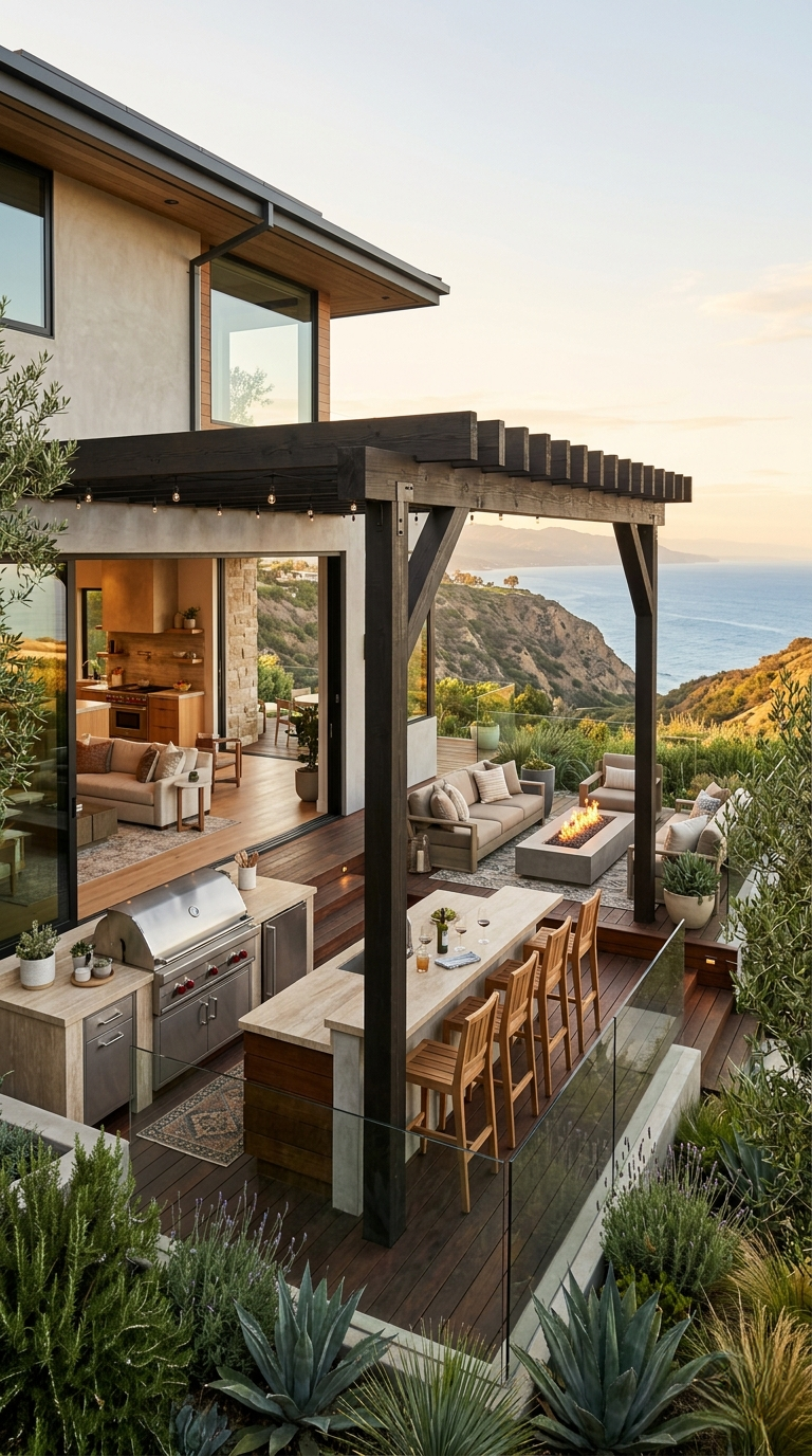 Outdoor living Pacific Palisades custom deck outdoor kitchen pergola canyon view