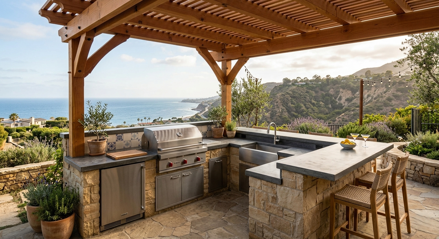 Outdoor kitchen Pacific Palisades built-in grill stone counter pergola bar seating canyon view