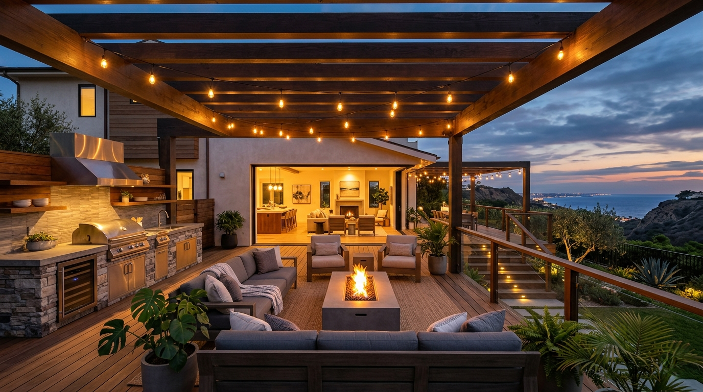 Outdoor living space Pacific Palisades deck pergola fire feature ocean view evening