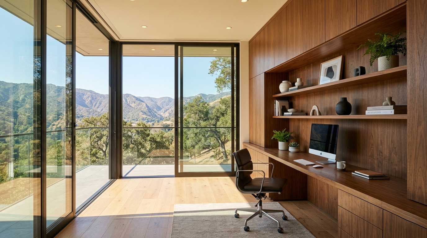 Home office addition Pacific Palisades custom built-ins large windows canyon view