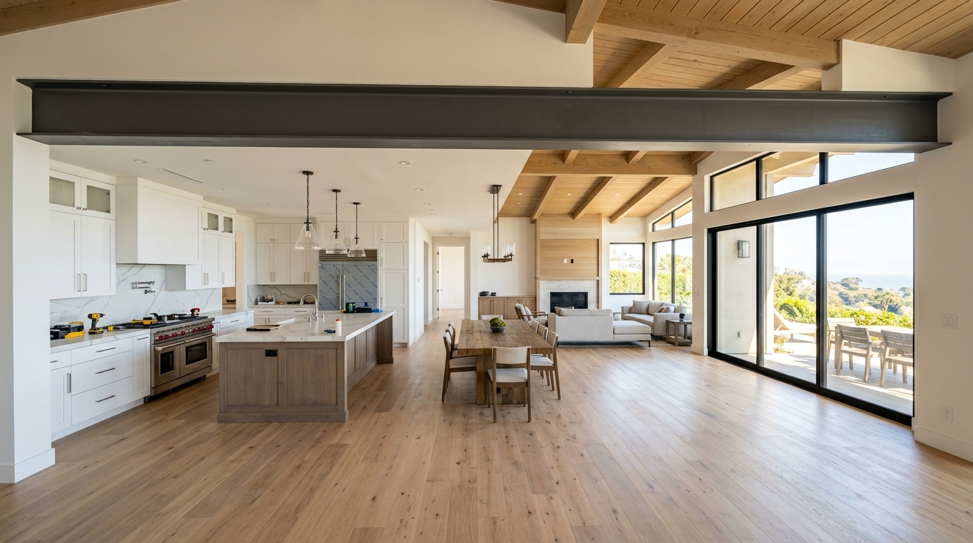Whole home remodel open plan structural conversion Pacific Palisades steel beam kitchen living