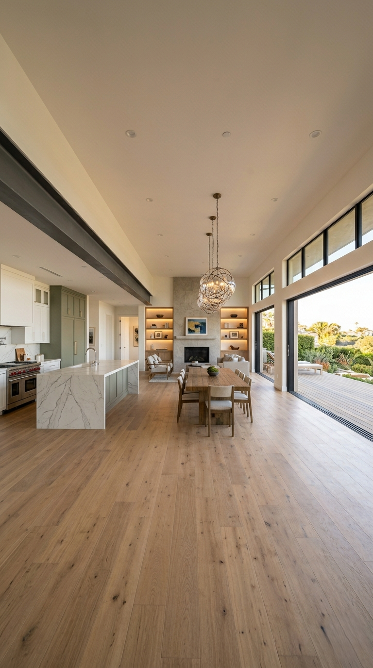 Whole home remodel Alphabet Streets Pacific Palisades open plan kitchen living dining