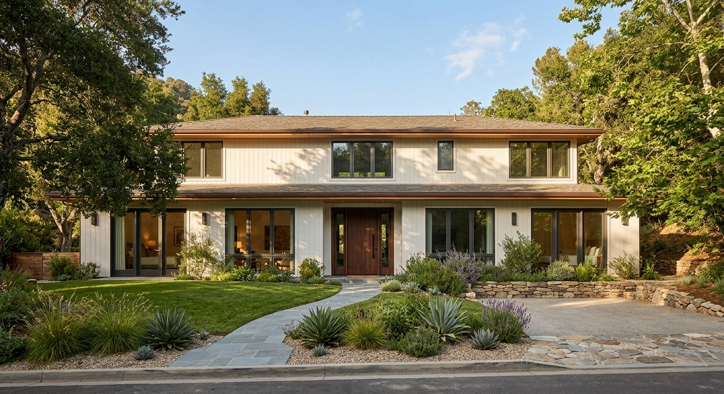 Whole home remodel exterior Pacific Palisades updated facade new windows landscaping